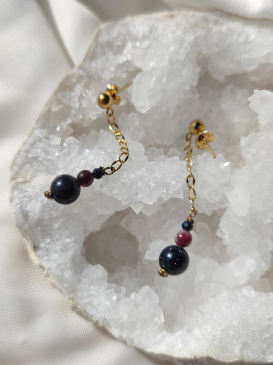 Edelstahl Ohrstecker golden mit Blaufluss und Turmalin